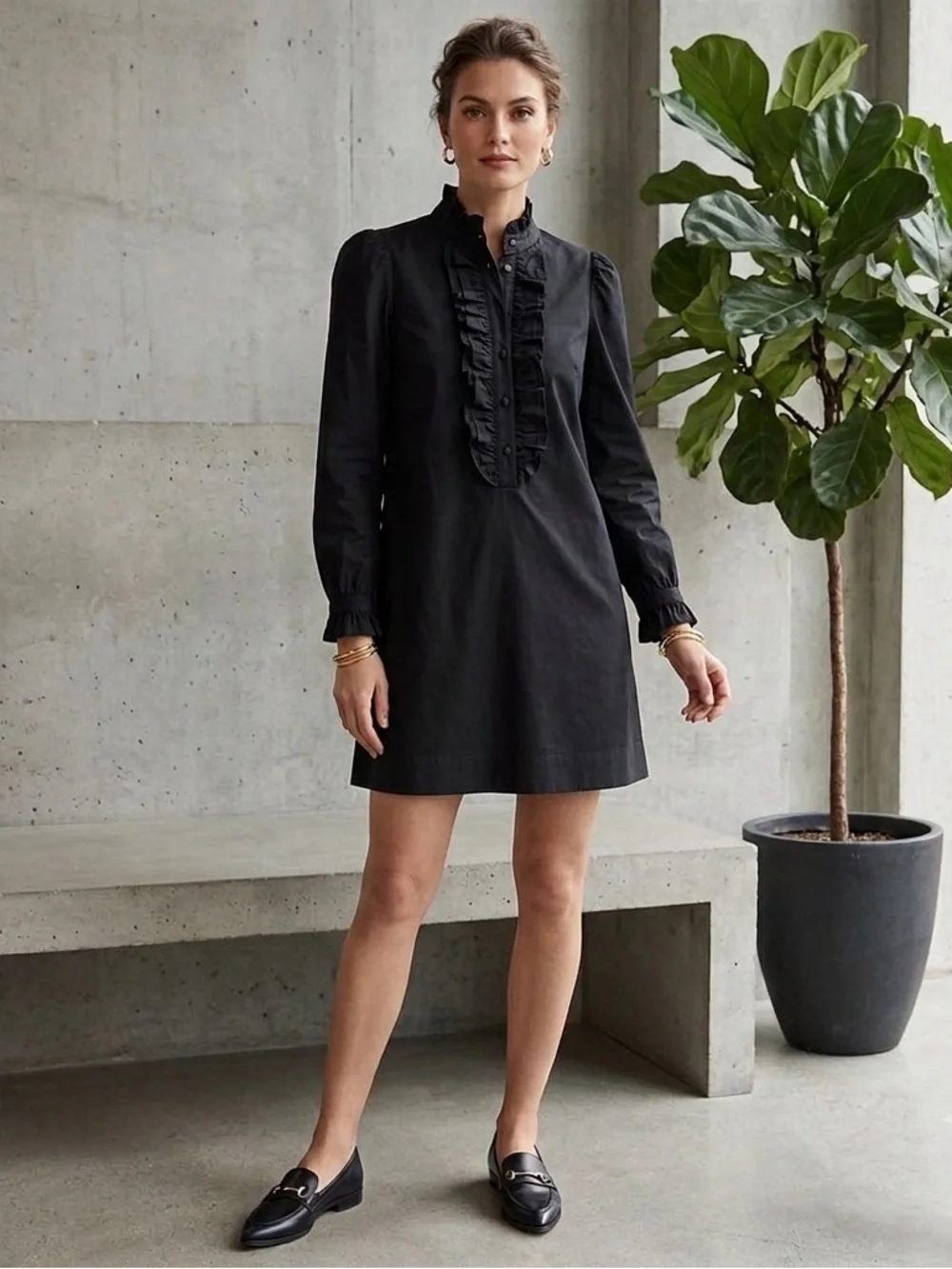 J. Crew Black Ruffle-Front Mini Dress with Long Sleeves Cotton, Women’s Size XXS